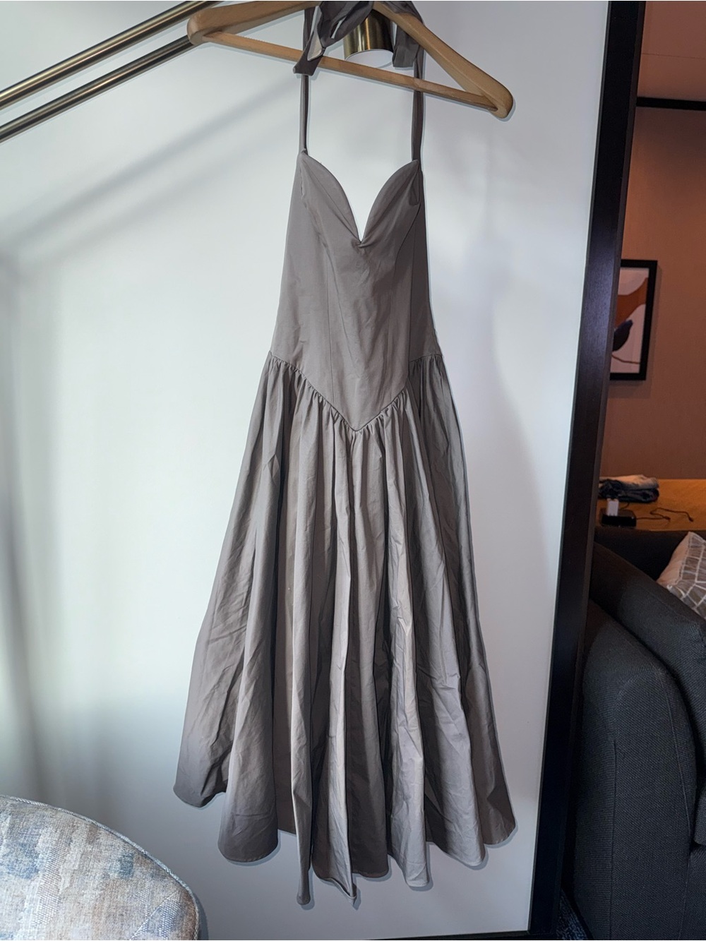 House of CB Taupe over the neck tie dress
